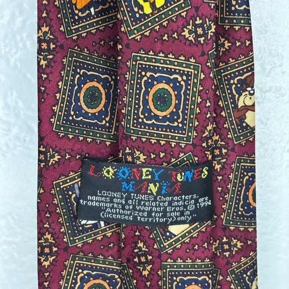 Vtg Burgundy Looney Tunes Mania 90's Mens Necktie Bugs Bunny Tweety Marvin Daffy - Picture 5 of 6
